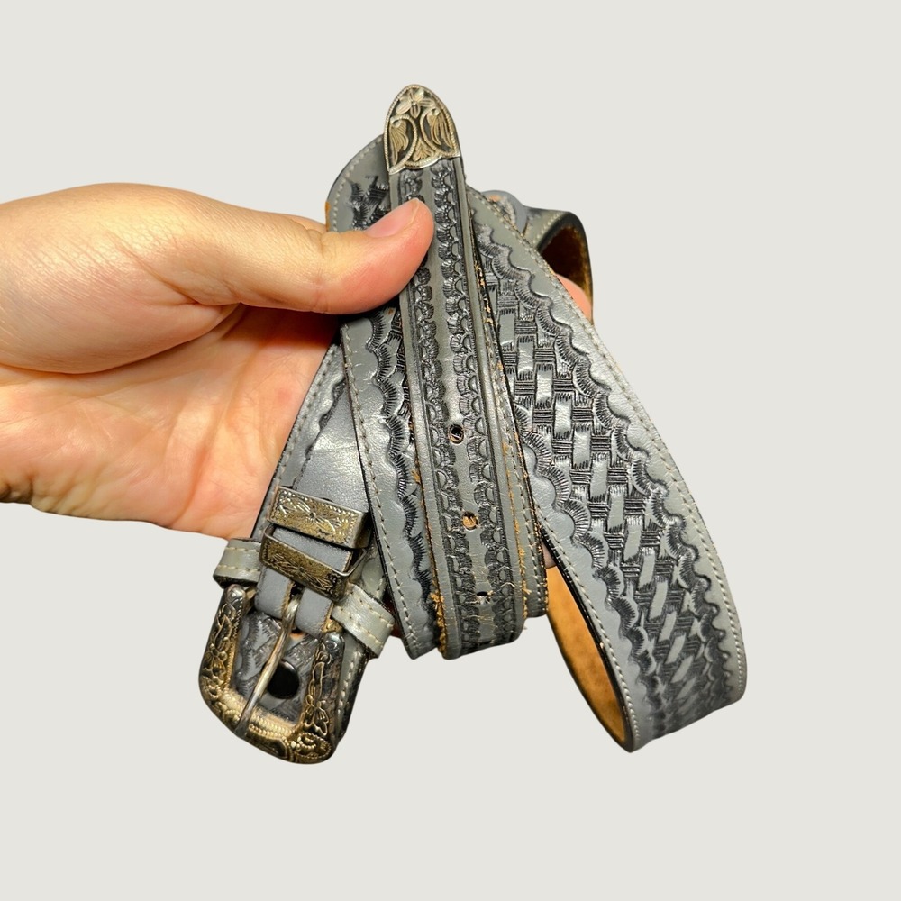 Vintage gray leather belt utility western cowgirl tooled Gorpcore silver rustic